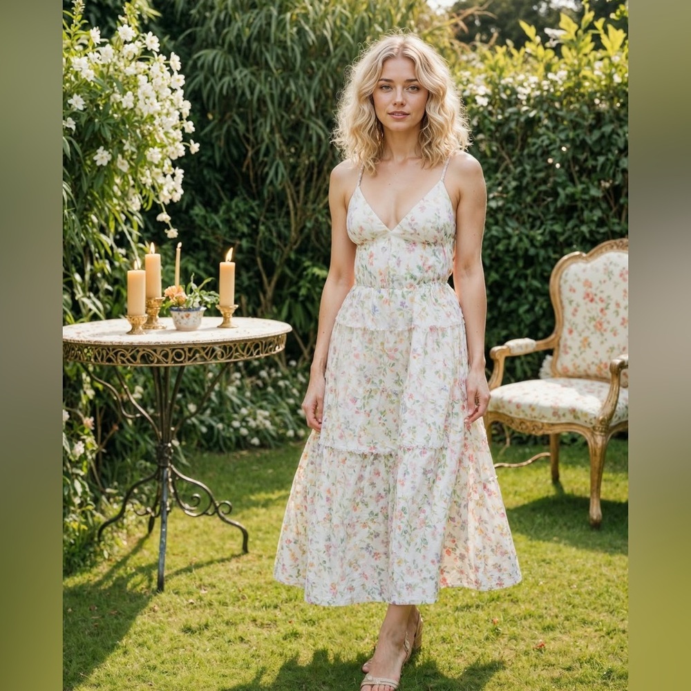 Wildfox couture Delphine Floral Tiered Midi Sundress XS Cottagecore Summer Dress